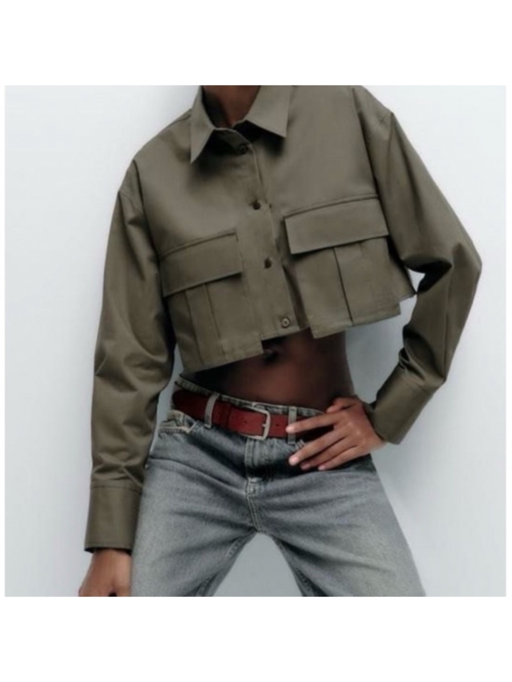 Zara Olive Green Cropped Button-Up Utility Top